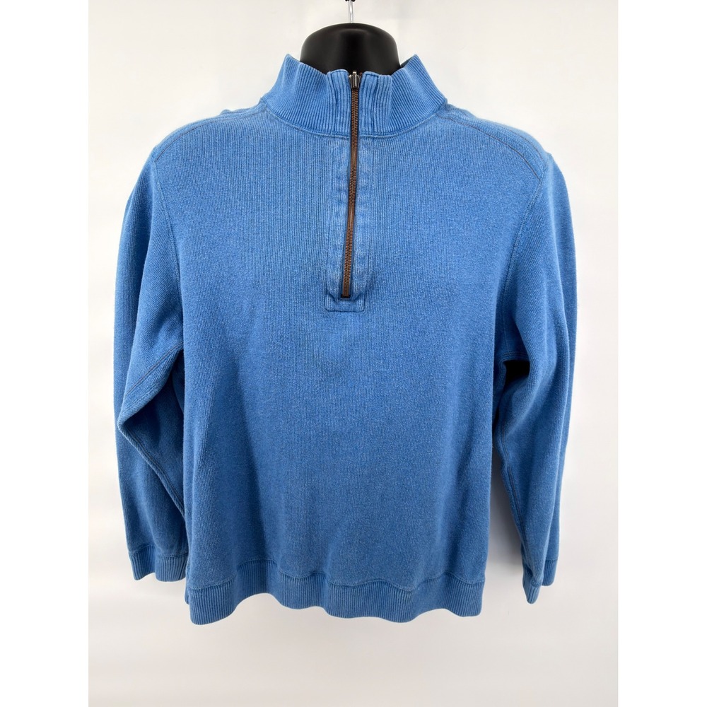 Tommy Bahama 1/4 Zip Blue Cotton Sweater Mens Logo Quarter Zip Pullover Knit‎